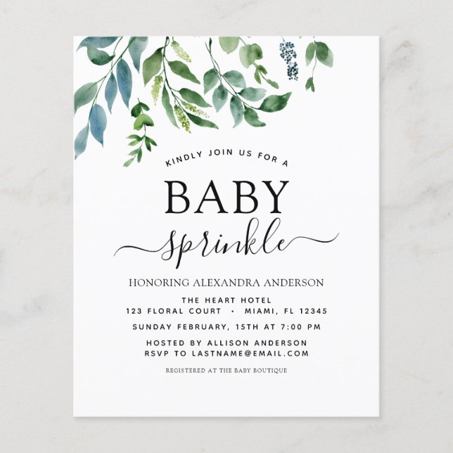 Budget Baby Sprinkle Shower Greenery Botanical Fly Flygblad (Framsidan)