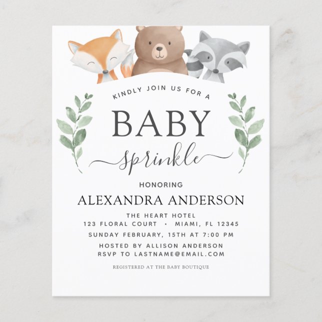 Budget Baby Sprinkle Shower Woodland Eucalyptus Flygblad (Framsidan)