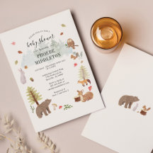 Budget Babyshowerinbjudan för skogsdjur i trähusst