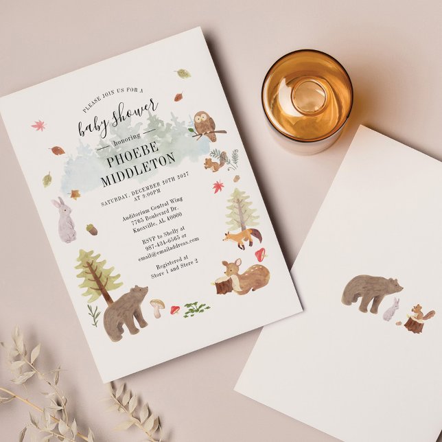 Budget Babyshowerinbjudan för skogsdjur i trähusst (Skapare uppladdad)