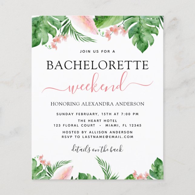 Budget Bachelorette Helg Itinerary Tropical Flygblad (Framsidan)