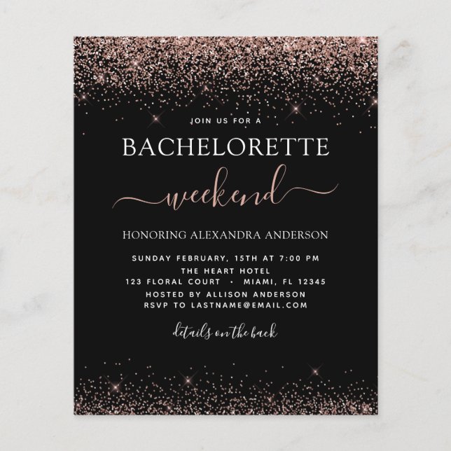 Budget Bachelorette Helg Rosa ros Guld Glitter Flygblad (Framsidan)