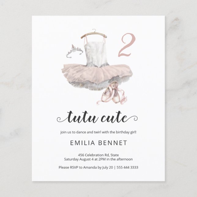 Budget Ballerina Tutu Cute 2:a födelsedagsinbjudan Flygblad (Framsidan)