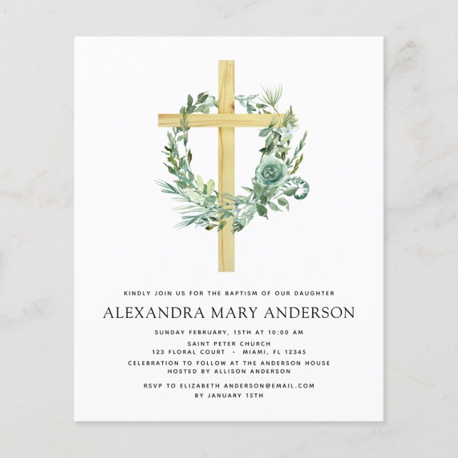 Budget Baptism Blommigt Greenery Sage Eucalyptus Flygblad (Framsidan)