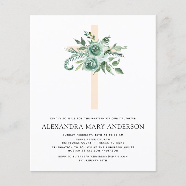 Budget Baptism Blommigt Greenery Sage Eucalyptus Flygblad (Framsidan)