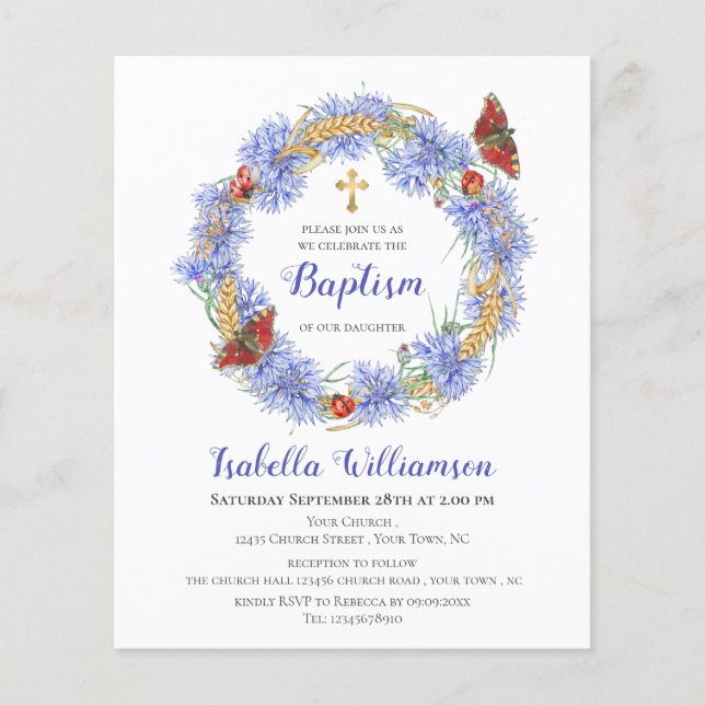 Budget Baptism Blue Wildblomma & Butterfly Inbjuda (Framsida)
