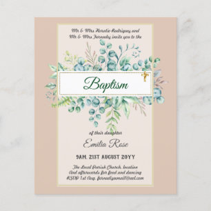 Budget BAPTISM Christening Greenery Löv Inbjudning Flygblad