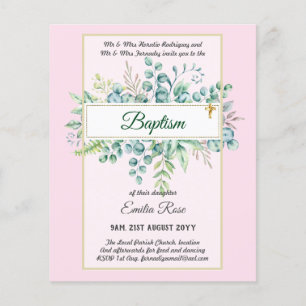 Budget BAPTISM Christening Greenery Löv Inbjudning Flygblad