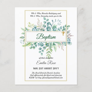 Budget BAPTISM Christening Greenery Löv Inbjudning Flygblad