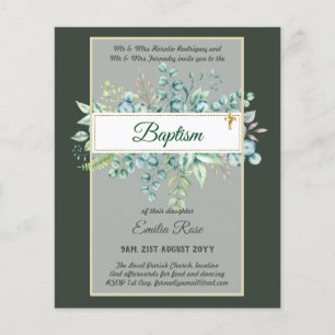 Budget BAPTISM Christening Greenery Löv Inbjudning Flygblad