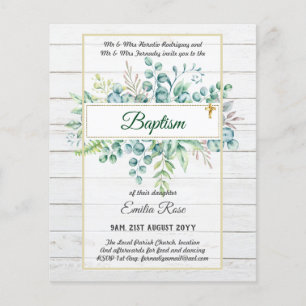Budget BAPTISM Christening Greenery Löv Inbjudning Flygblad