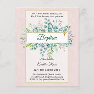 Budget BAPTISM Christening Greenery Löv Inbjudning Flygblad