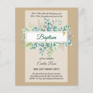 Budget BAPTISM Christening Greenery Löv Inbjudning Flygblad