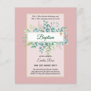 Budget BAPTISM Christening Greenery Löv Inbjudning Flygblad