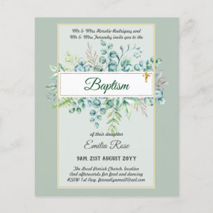 Budget BAPTISM Christening Greenery Löv Inbjudning Flygblad