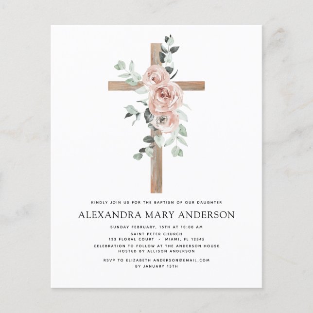 Budget Baptism Dusty Rosa ros Greenery Eucalyptus Flygblad (Framsidan)