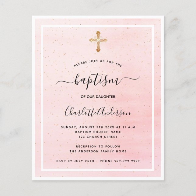 Budget baptism - inbjudan till  rosa guld-flicka (Framsida)