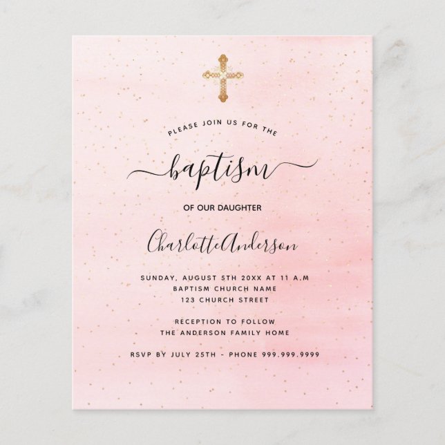 Budget baptism - inbjudan till  rosa guld-flicka (Framsida)