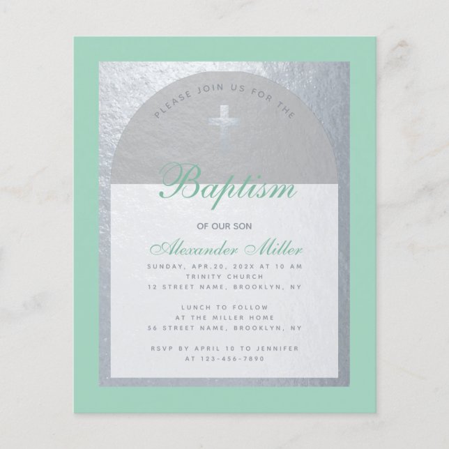 Budget Baptism Mint Grönt Faux Silver inbjudan (Framsida)