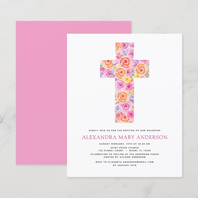 Budget Baptism Pastel Blommigt Rosa ros Kor (Fram/baksida)