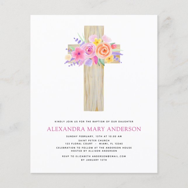 Budget Baptism Pastel Blommigt Rosa ros Kor Flygblad (Framsidan)