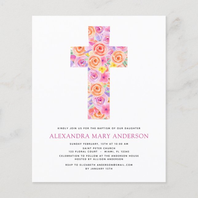 Budget Baptism Pastel Blommigt Rosa ros Kor Flygblad (Framsidan)