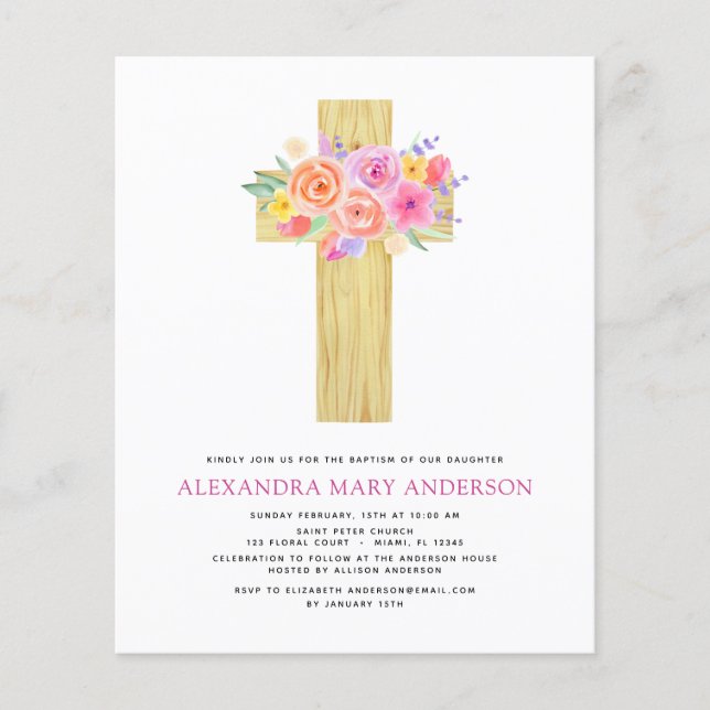Budget Baptism Pastel Blommigt Rosa ros Kor Flygblad (Framsidan)