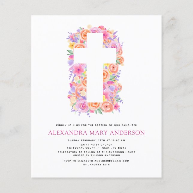 Budget Baptism Pastel Blommigt Rosa ros Kor Flygblad (Framsidan)