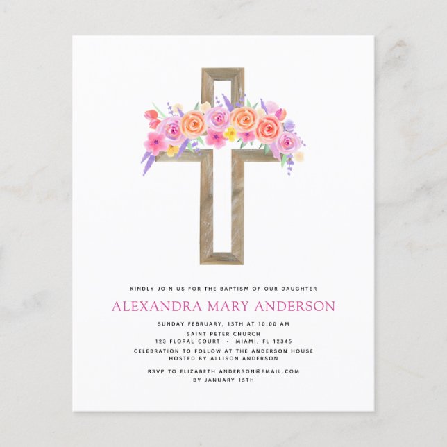 Budget Baptism Pastel Blommigt Rosa ros Kor Flygblad (Framsidan)