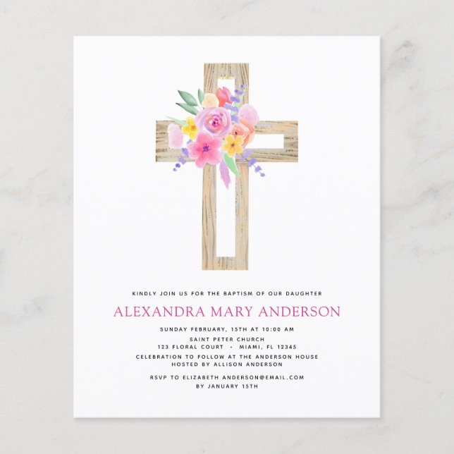 Budget Baptism Pastel Blommigt Rosa ros Kor Flygblad (Framsidan)