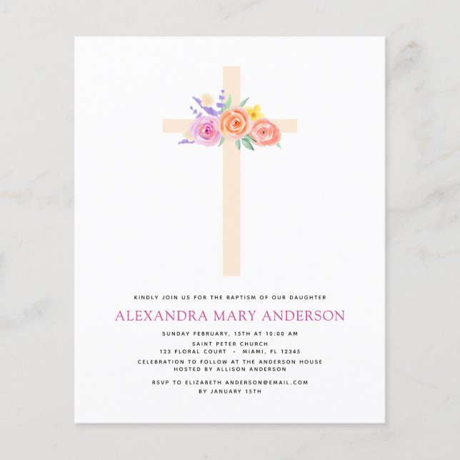 Budget Baptism Pastel Blommigt Rosa ros Kor Flygblad (Framsidan)