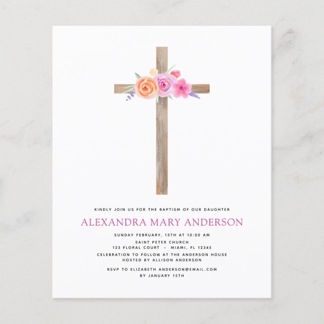Budget Baptism Pastel Blommigt Rosa ros Kor Flygblad (Framsidan)