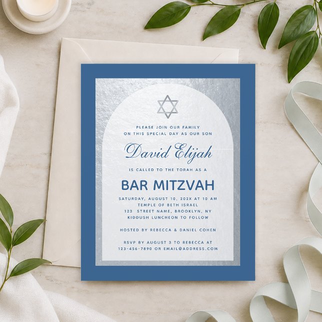 Budget Bar Mitzvah Klassisk Blå Silver Inbjudan (Skapare uppladdad)