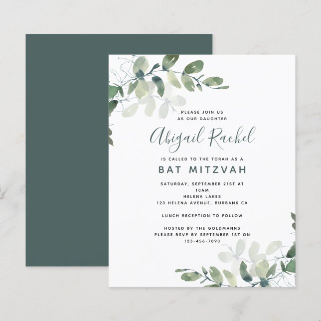 BUDGET Bat Mitzvah Eukalyptus Inbjudan (Fram/baksida)