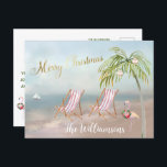 Budget Beach Flamingo Wandeo Unik jul Meddelande Vykort<br><div class="desc">God jul på denna vackra Watercolor Beach - fredlig och skonsam scen med två strandstolar - vänlig flamingo med underbar andedräkt - Handflatan träd med några prydnadsföremål. Finns även i olika pappra viktangivelser - ditt val. Alla designfrågor,  skicka bara ett e-postmeddelande till charmdesignstudio@rcn.com så hjälper vi oss gärna.</div>