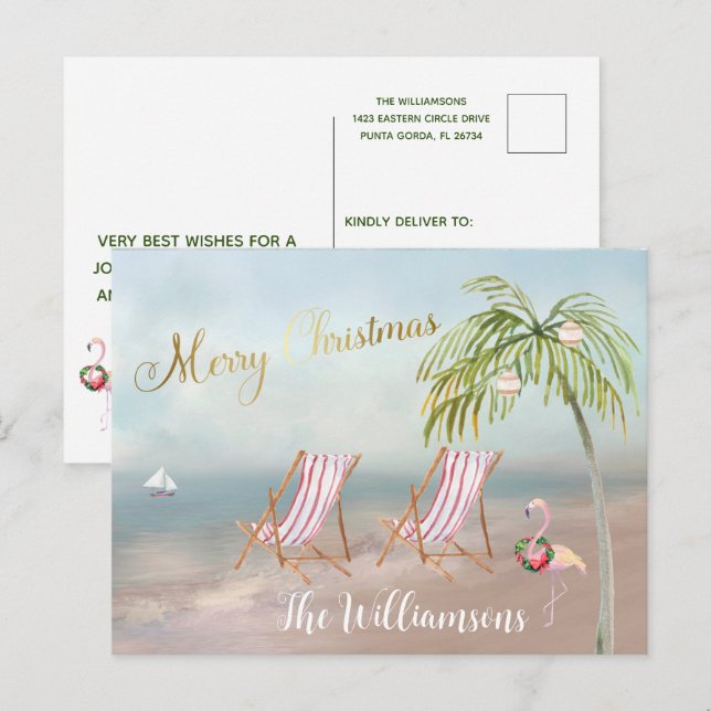 Budget Beach Flamingo Wandeo Unik jul Meddelande Vykort (Fram/baksida)