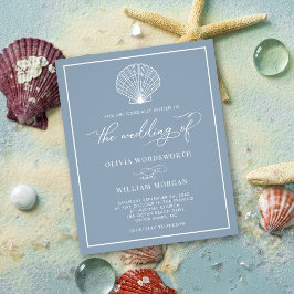 Budget Beach Seashell bröllopsinbjudan Dusty Blue Flygblad