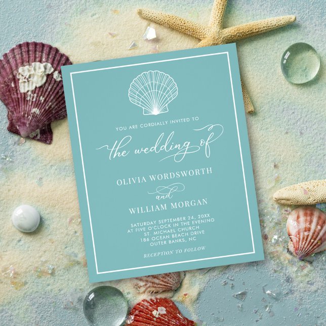 Budget Beach Seashell-bröllopsinbjudan SeaGlass Bl Flygblad (Skapare uppladdad)