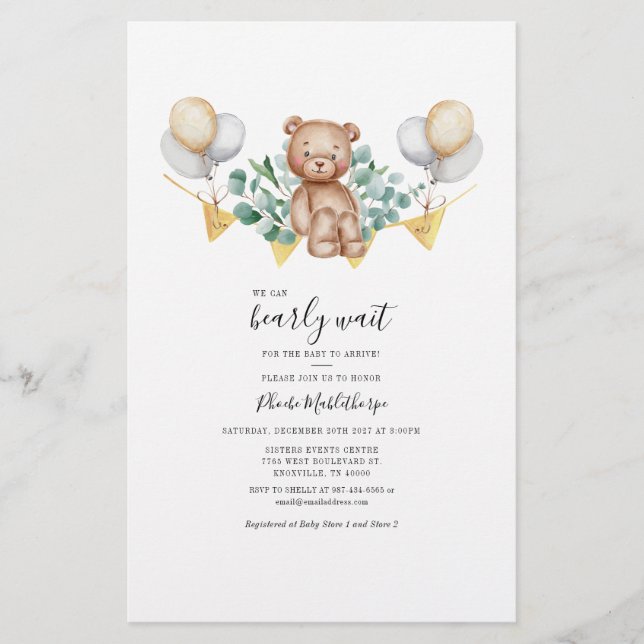 Budget Bear Eucalyptus Greenery Baby Shower Card Brevpapper (Framsida)