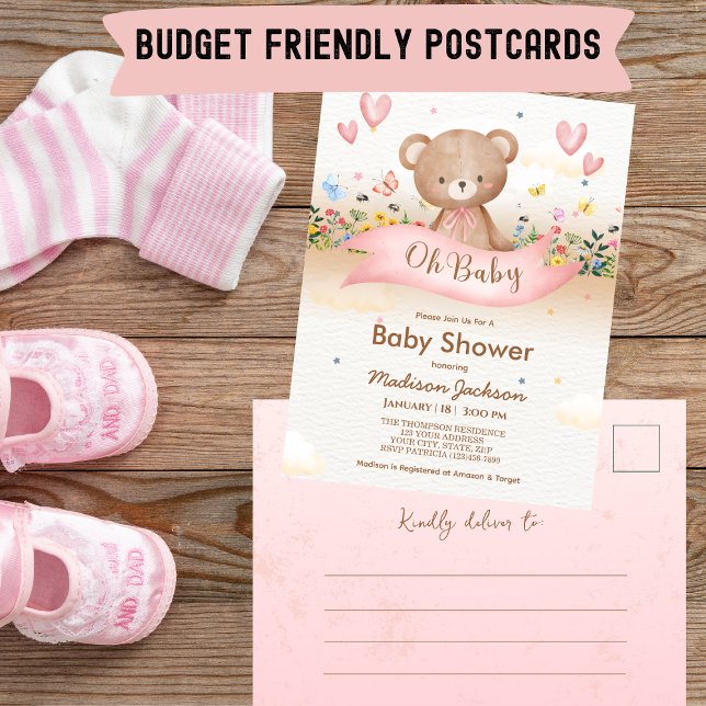 Budget Bear WildblommGirls Baby Shower Vykort (Skapare uppladdad)
