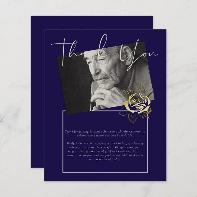 BUDGET Begravning Tack Foto Marinblå Guld (Fram/baksida)