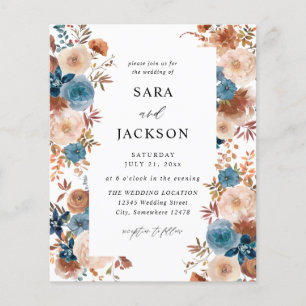 Budget Beige & Dusty Blue Blommigt Bröllop Flygblad