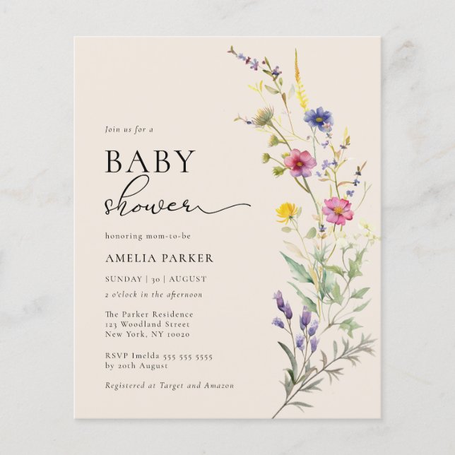 Budget Beige Wildbloms Blommigt Baby Shower Inbjud (Framsida)