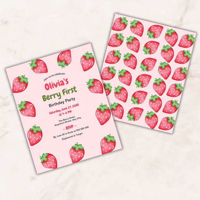 Budget Berry First Birthday 1 Birthday Inbjudan (Budget Berry First Birthday Strawberry 1st Birthday Invitation )