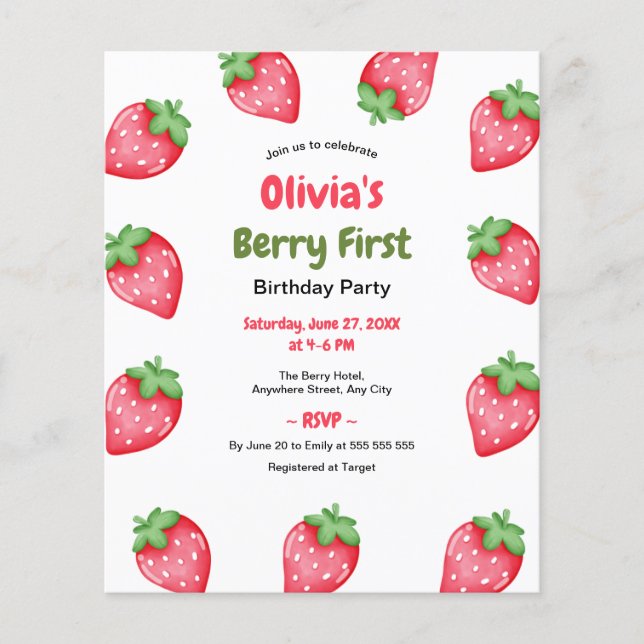 Budget Berry First Birthday 1 Birthday Inbjudan Flygblad (Framsidan)