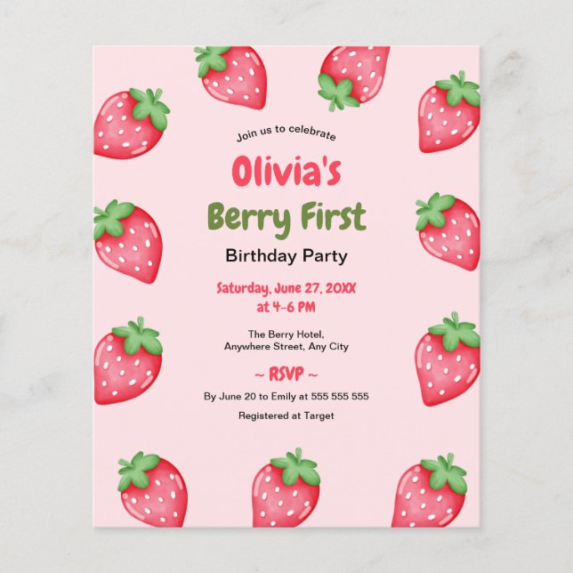 Budget Berry First Birthday 1 Birthday Inbjudan Flygblad (Framsidan)
