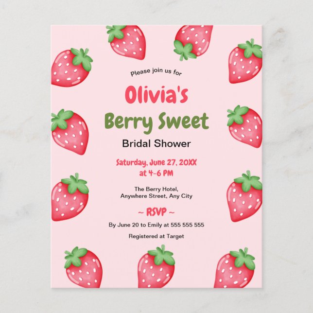 Budget Berry Sweet Strawberry Möhippa Inbjudan Flygblad (Framsidan)