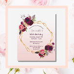 Budget Birday blommigt ro guld inbjudan<br><div class="desc">På framsidan: En inbjudan till en 50:e (eller någon annan ålder) födelsedagsfest. Elegant och trendig ro guld, vit övertoningsbakgrund med faux guld geometric ram. Dekorerad med mörkens lila och burgundblommor, ro och boho stil fjädrar. Mallar för uppgifter om namn och party. Namn är skrivet med ett handskript stil, lila färgad...</div>
