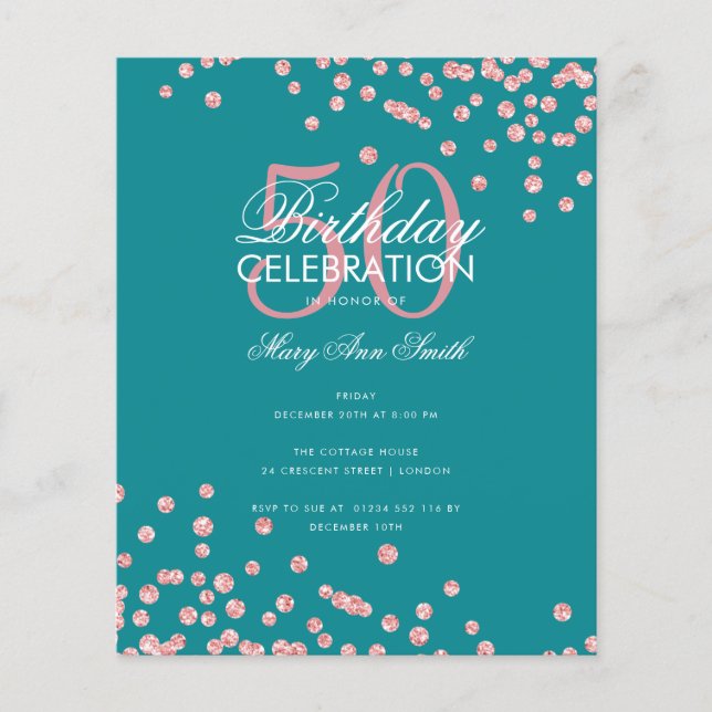 Budget Birday Ro Guld Glitter Teal Flygblad (Framsidan)