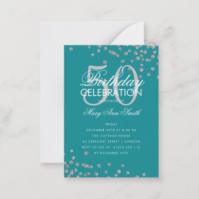 Budget Birthday Confetti Silver Teal Inbjudan (Framsida)